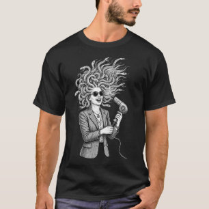 Camiseta Medusa Moderna Usando Secador de Cabelo Ilustração