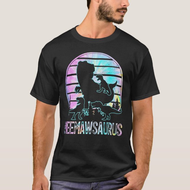 Camiseta Meemawsaurus Dinosaur Meemaw De 3 Crianças Tie Dye (Frente)