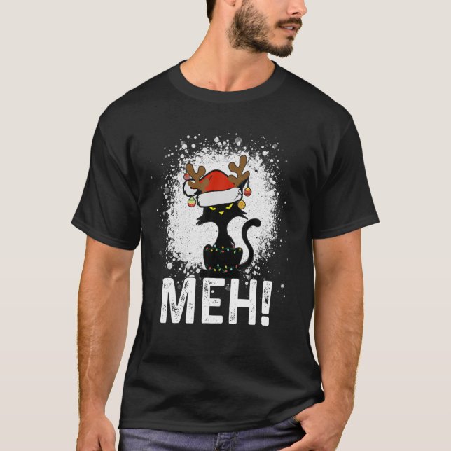 Camiseta Meh Black Cat Christmas, Funny Anti Christmas Cat (Frente)