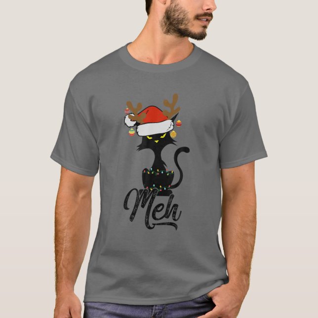 Camiseta Meh Black Cat Christmas, Funny Anti Christmas Cat (Frente)