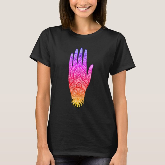Camiseta Mehndi Hand Tattoo Art Design Rainbow (Frente)