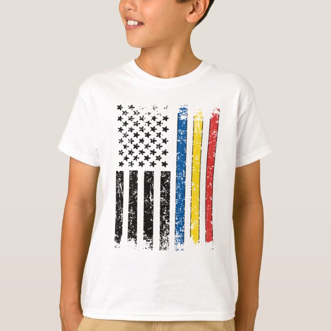 Camiseta Meia bandeira romena metade americana Bandeira Rom (Frente)