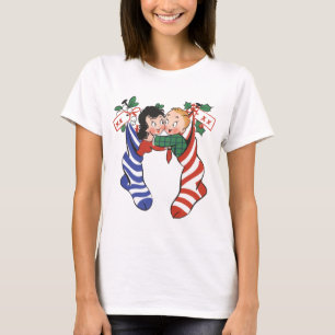 Camiseta Meias de Natal Antigas com Crianças Fofas