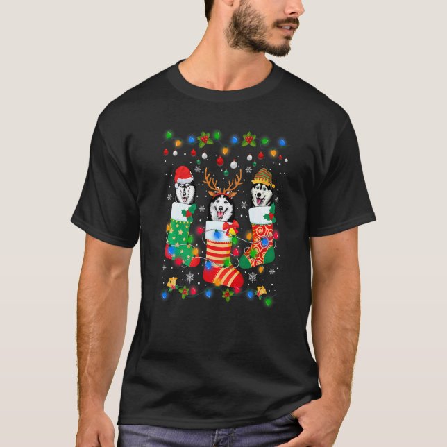 Camiseta Meias de Natal de Cachorro Cachorrinho Husky Siber (Frente)