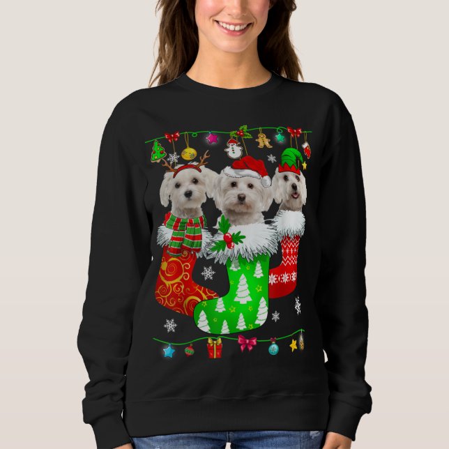 Camiseta Meias de Natal Pajama Cachorro Maltês Puppy Lover (Frente)
