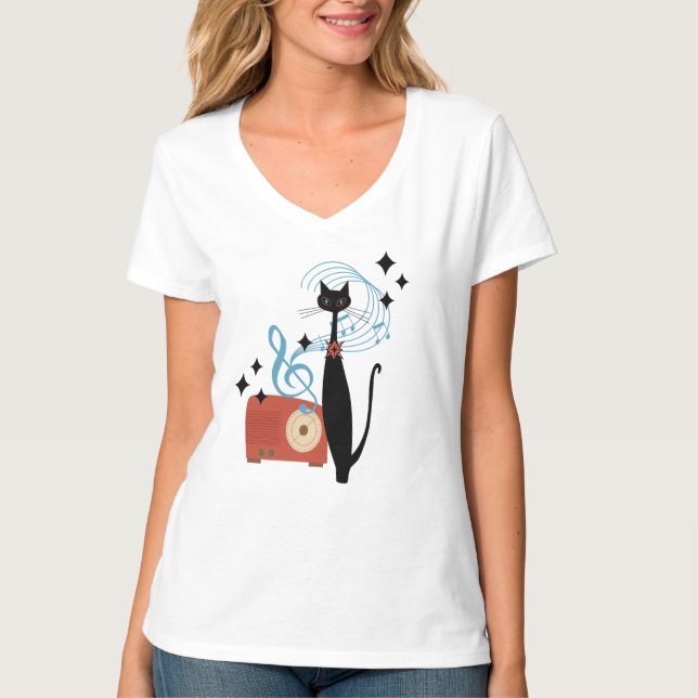 Camiseta Meio século Moderno da Era Atômica de Gato e Rádio (Frente)