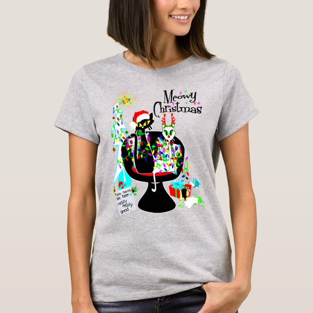Camiseta meio século Moderno de Cat Atômica Feliz Natal (Frente)