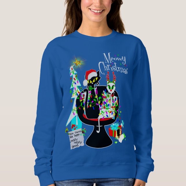 Camiseta meio século Moderno de Cat Atômica Feliz Natal (Frente)