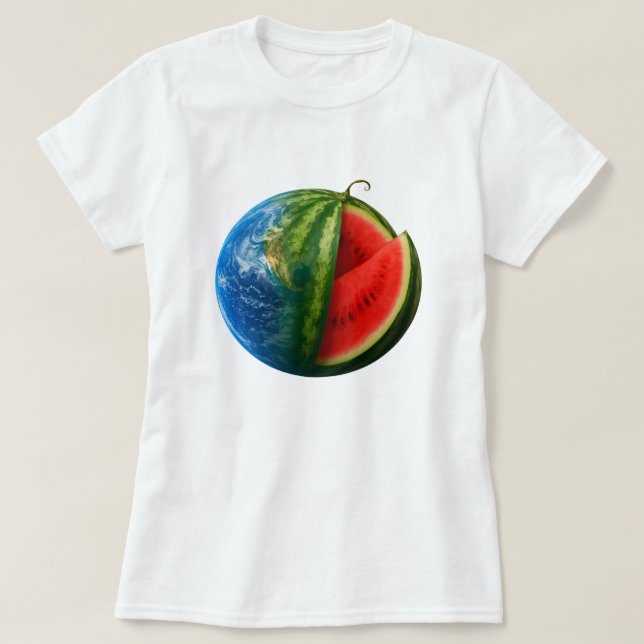Camiseta Melancia Planeta Terra-Fruta Arte da Galáxia (Frente do Design)