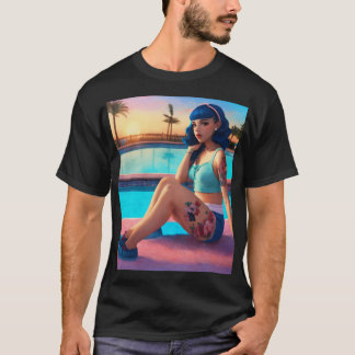 Camiseta Melanie Martinez sentada na piscina, fundo do pôr