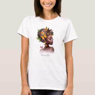 Camiseta Melanina Magic: Cabelo Afro e Borboleta Colorida