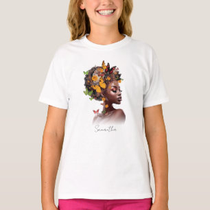 Camiseta Melanina Magic: Cabelo Afro e Borboleta Colorida