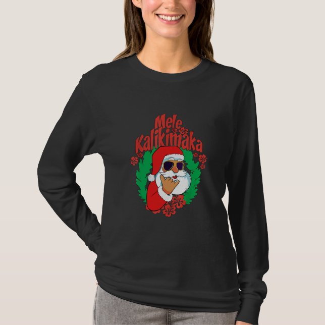 Camiseta Mele Kalikimaka Papai noel pijamas de Natal Engraç (Frente)