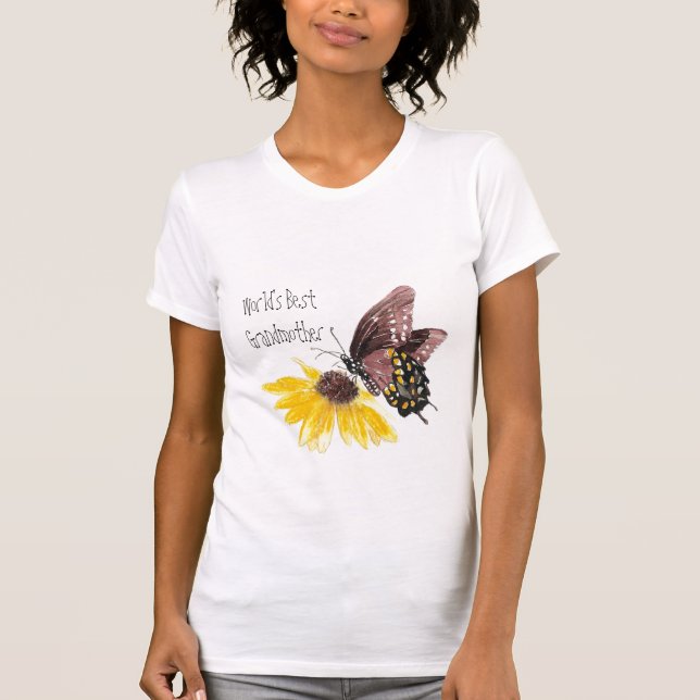 Camiseta Melhor Avó do Mundo - Borboleta, Flores (Frente)