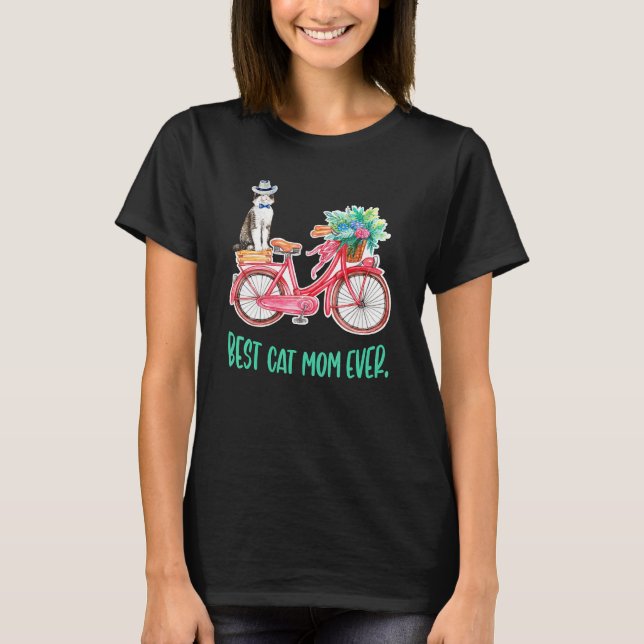 Camiseta Melhor Gato Mãe De Sempre Com Bicicleta Floral Par (Frente)