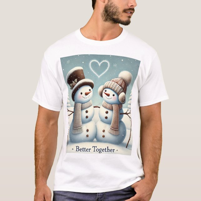 Camiseta Melhor Juntos: Snowman Love, Casal Natal (Frente)