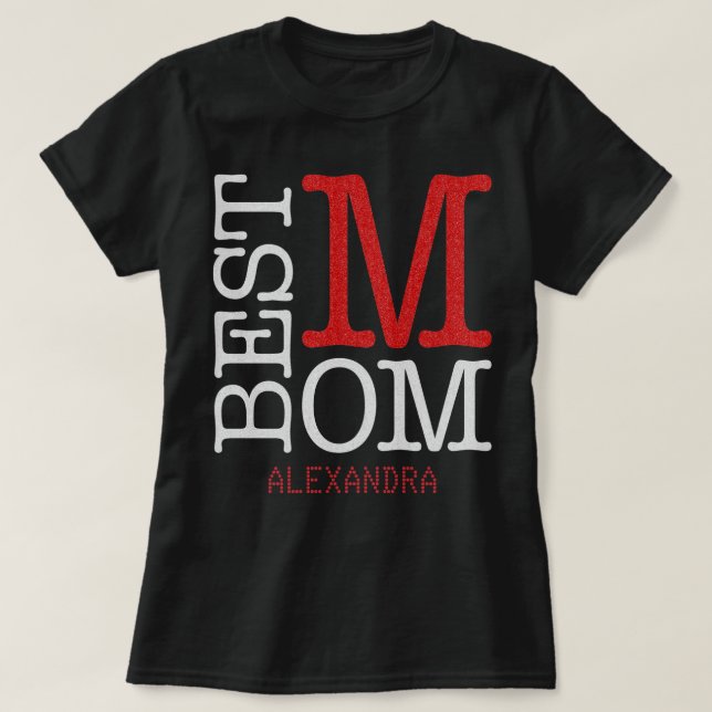 Camiseta Melhor Mãe Silver Red Glitter Nome Personalizado (Frente do Design)