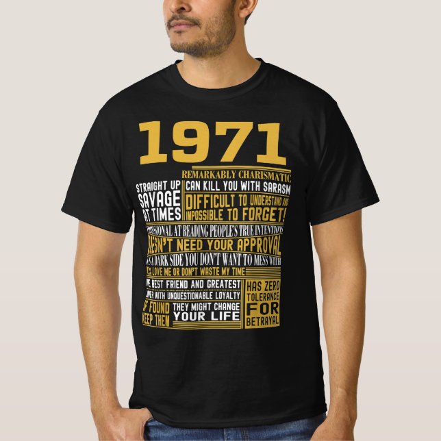 Camiseta Melhor Nascer em 1971 Facts for Mens, Womens, Bday (Frente)