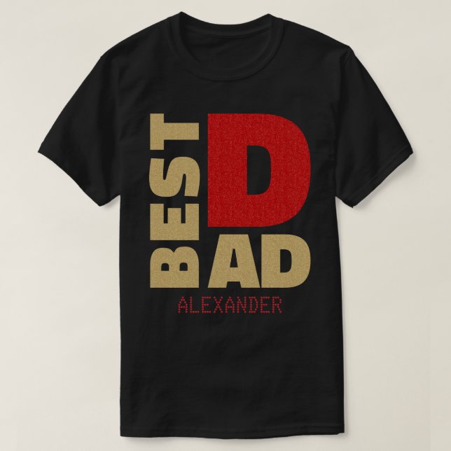 Camiseta Melhor Pai Dourado de Largura Vermelha Nome Person (Frente do Design)