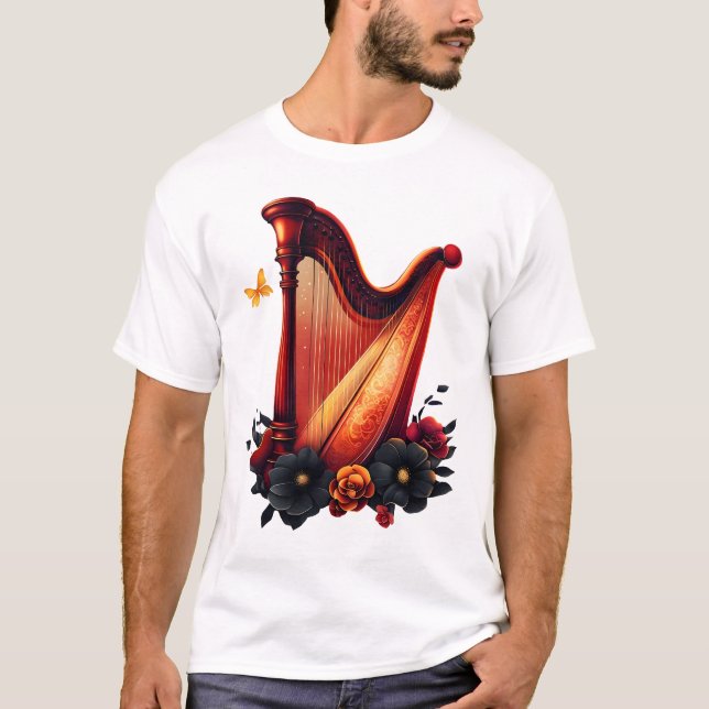 Camiseta Melodia cósmica, a magia da harpa. (Frente)