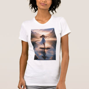 Camiseta Melodia Serena de Violino – Pôr do Sol no Lago da 