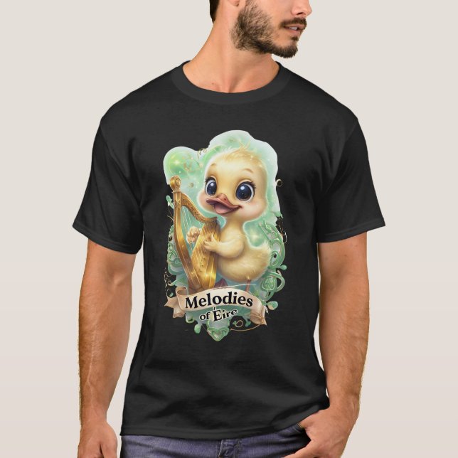 Camiseta Melodias do Eire" Kawaii Duck Jogando Harp T (Frente)