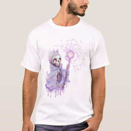 Camiseta Melodias mágicas do esqueleto roxo giro.