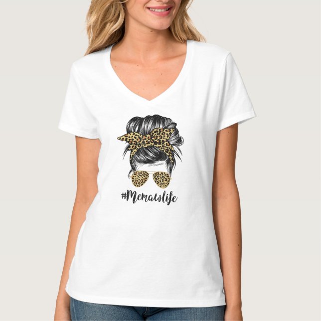 Camiseta Memaw Life Messaging Hair Bun Leopard Mulheres (Frente)