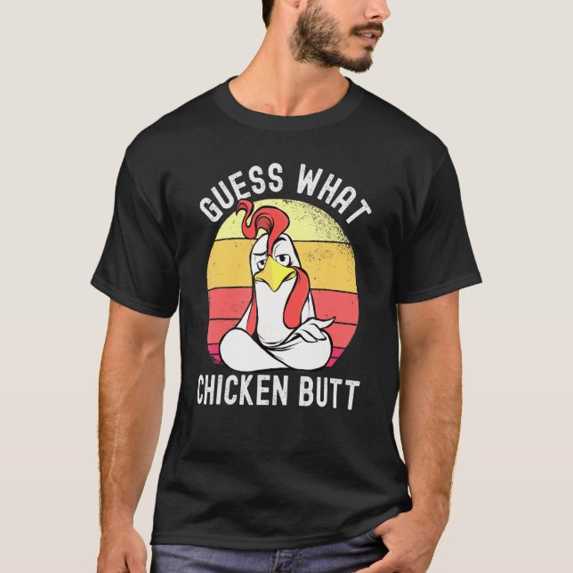 Camiseta Meme de Frango Adivinhe o que é o Bumbum de Frango (Frente)
