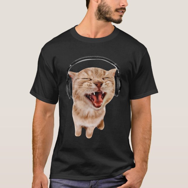Camiseta Meme de Gato com Fones de Ouvido com Mulheres (Frente)