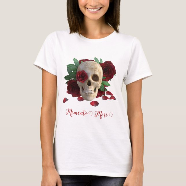 Camiseta Memento Mori. Caveira com rosas vermelhas (Frente)