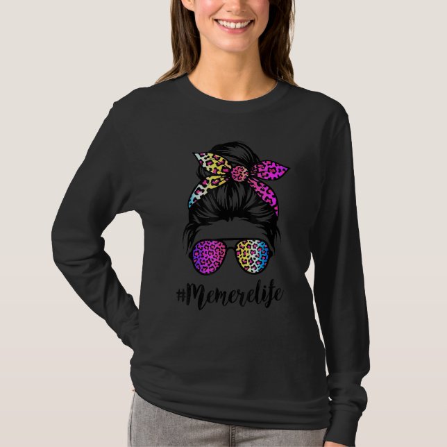 Camiseta Memere Life With Rainbow Leopard Messy Bun Mãe' (Frente)