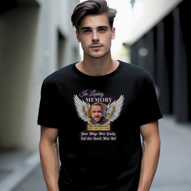 Camiseta Memória Anjo Ama Memorial Foto (In Loving Memory Angel Wings Photo Memorial T Shirt, White, Gold)