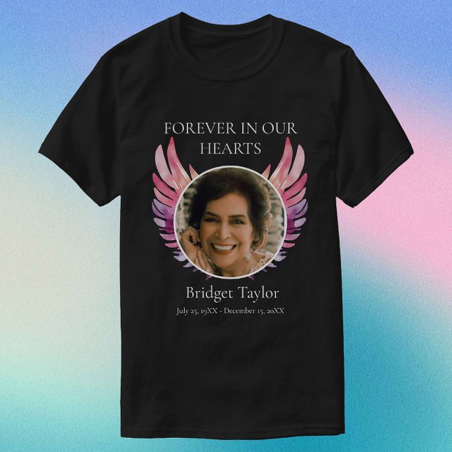 Camiseta Memorial do Funeral das Asas Anjos Rosa e Púrpura (Pink & Purples Angel Wings Funeral Photo Memorial T-Shirt
)