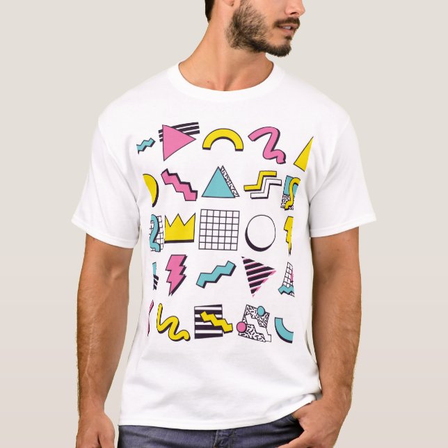 Camiseta Memphis dos anos 90: Elementos Pop Design. (Frente)
