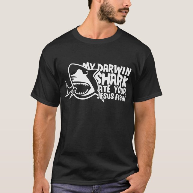Camiseta Men_s meu tubarão de Darwin comeu seus peixes Jo (Frente)
