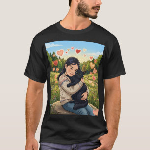 Camiseta Menina Abraçando Gato Preto Campo de Flores Silv