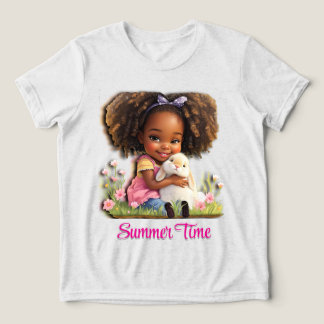 Camiseta Menina Afro-Americana Adorável Com Coelho de Estim