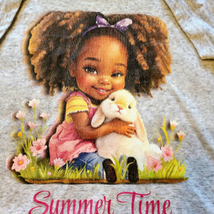 Camiseta Menina Afro-Americana Adorável Com Coelho de Estim