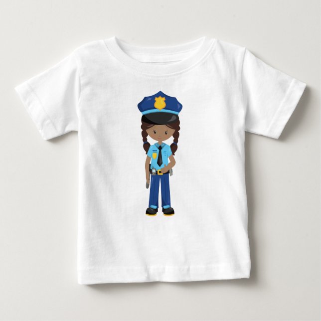 Camiseta Menina Afro-Americana, Menina Polícia, Oficial de  (Frente)