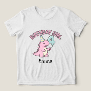 Camiseta Menina aniversariante dinossauro rosa com 4 anos -
