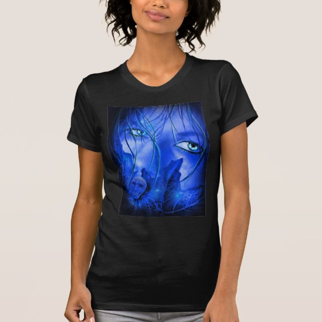 CAMISETA MENINA AZUL COM MEDO OCULTO COM CRÂNIO (Frente)