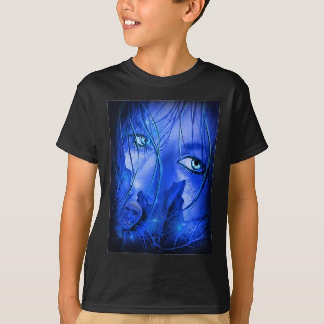 CAMISETA MENINA AZUL COM MEDO OCULTO COM CRÂNIO (Frente)