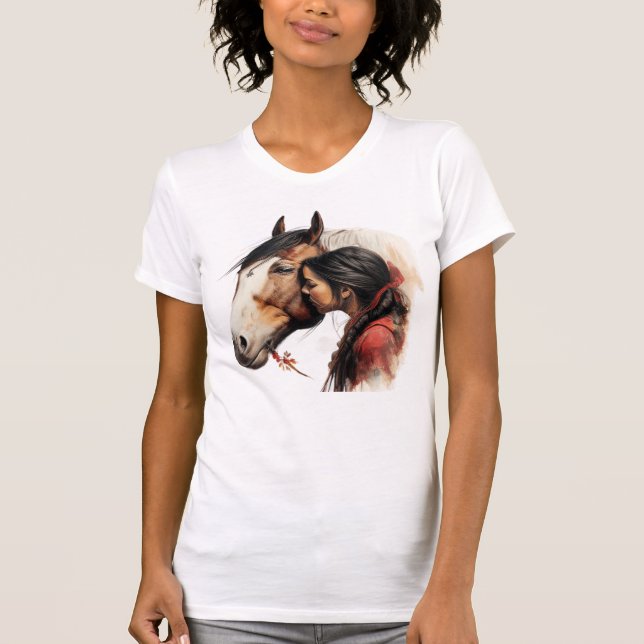 Camiseta Menina beijando índio de cavalos (Frente)