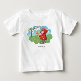 Camiseta Menina bonita de casaco vermelho colhendo folhas d