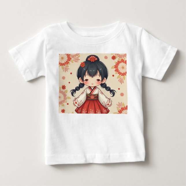 Camiseta Menina bonita vestindo roupas coreanas tradicionai (Frente)