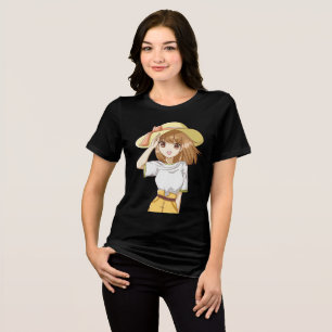 Camiseta Menina bonito de animação Vestindo chapéu amarelo