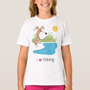 Camiseta Menina Cão Engraçado Pescador Lago Sol