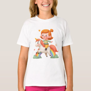 Camiseta Menina Cavalgando Unicórnio Sobre Arco-Íris – Fant