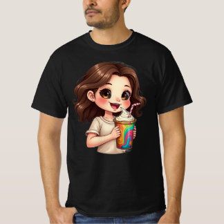 Camiseta Menina Chibi Fofa com Bebida de Redemoinho de Arco